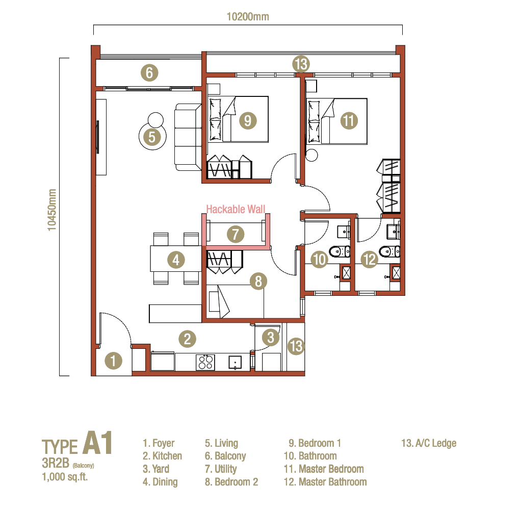 Type A1: 1000 sf