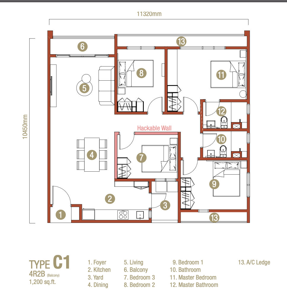 Type C1: 1200sf